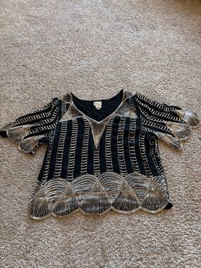 Vintage 1970’s Judith Ann Beaded Top with Silver Embroidery 100% Silk